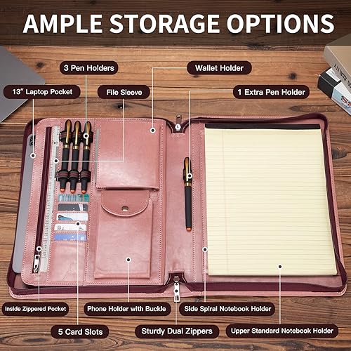 Miniatura 4 de Geslun Cartera de cuero con cremallera, cartera de cuero vegano con bolsillo exterior y 2 soportes para cuadernos, organizador de carpetas,