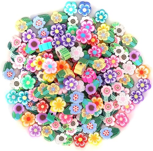 KALIONE 200 cuentas de arcilla de flores mixtas, lindas cuentas de arcilla polimérica de flores, 2 formas coloridas de flores espaciadoras para