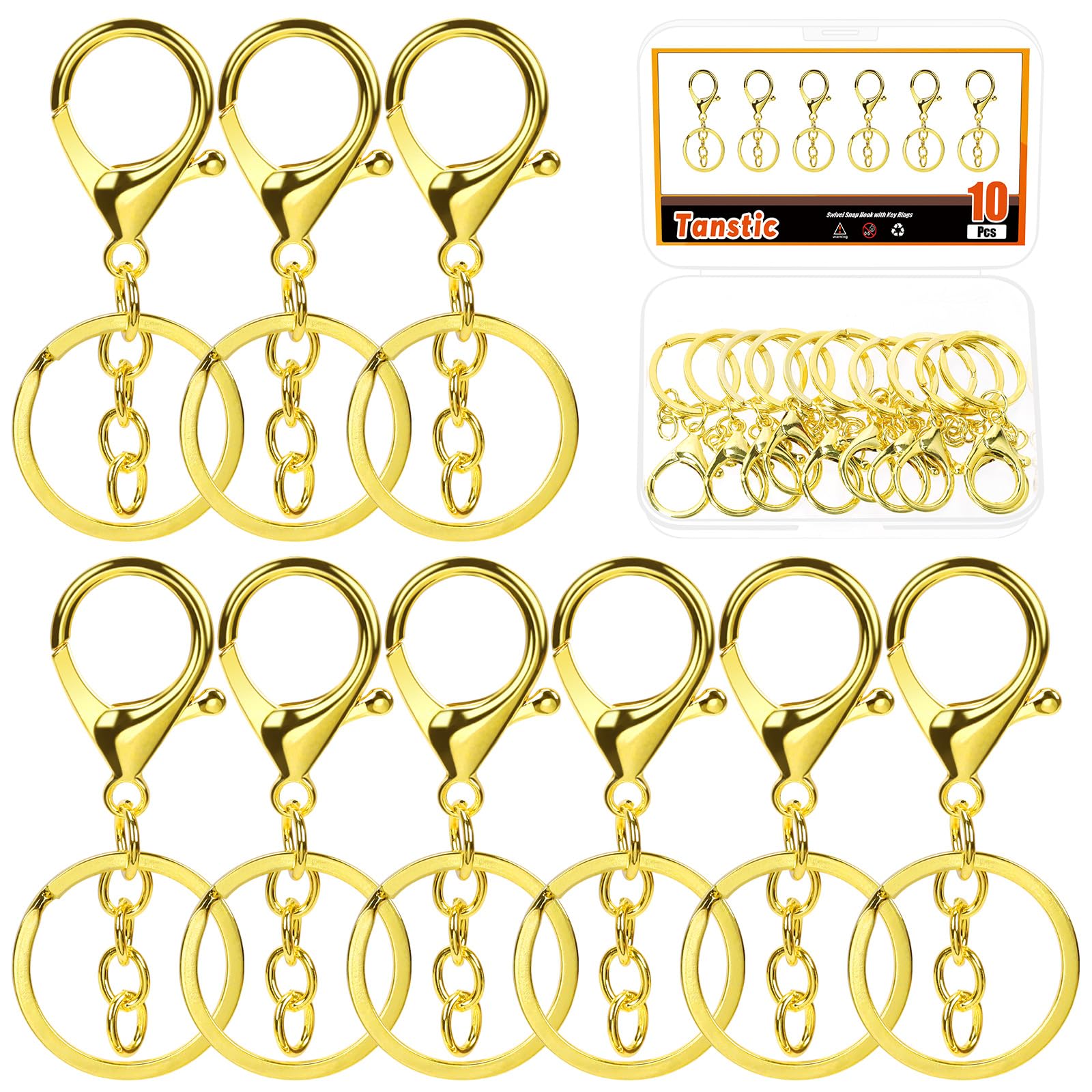 Tanstic 10 Stück goldene Karabinerverschlüsse für Schlüsselanhänger, Karabinerverschlüsse mit flachem Spaltring und Kette für Schlüsselanhänger-DIY-Bastelprojekte