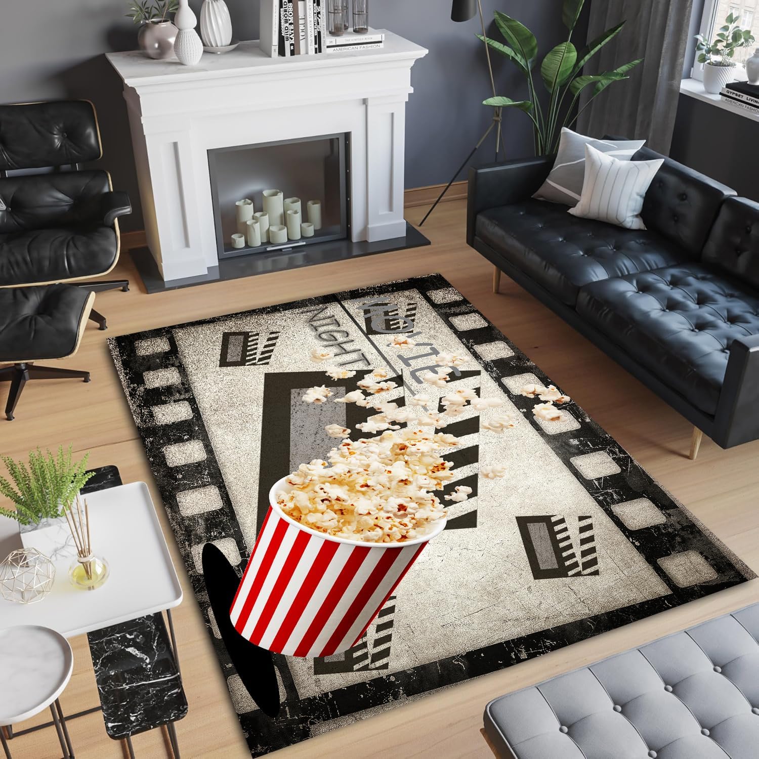 Movie Area Rug, 4x6ft Cinema Themed Rug, Indoor Entrance Non-Slip Mat, Kids Playroom Washable Carpet, Popcorn Clapboard Movie Night Carpet for Living Room Entertainment Home Theater Area