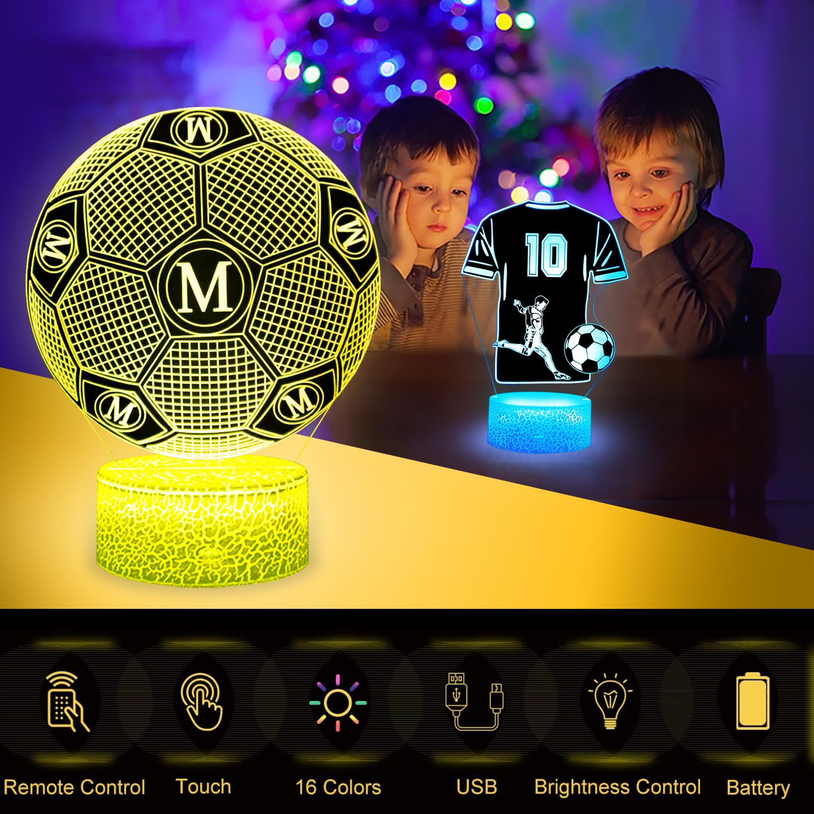 2 Pezzi Milano Calcio Luce Notturna Bambini, Regalo de Calcio per Bambini 2 3 4 5 6 -12 anni, Calcio Lampade 3D Illusione Lamp con 16 Cambi di Colore, Regali di Natale Compleanno per Ragazza, Ragazzo