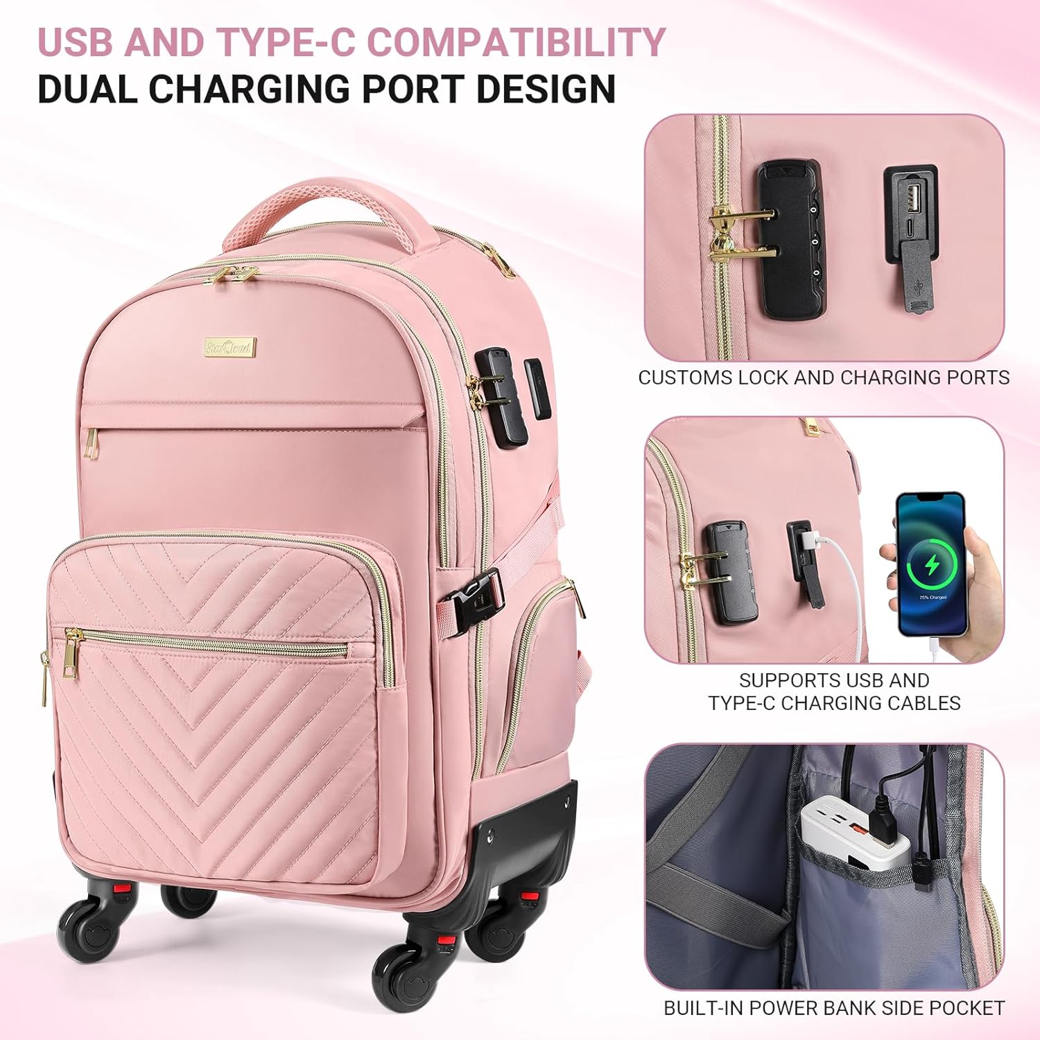 star cloud Rolling Backpack for Women, 21"x14"x9",45L Travel Backpack with Wheels and USB & Type-C Charging Ports, Fits 17.3", Water-Resistant Carry-On Luggage for Work & Travel (Pink) - Image 3