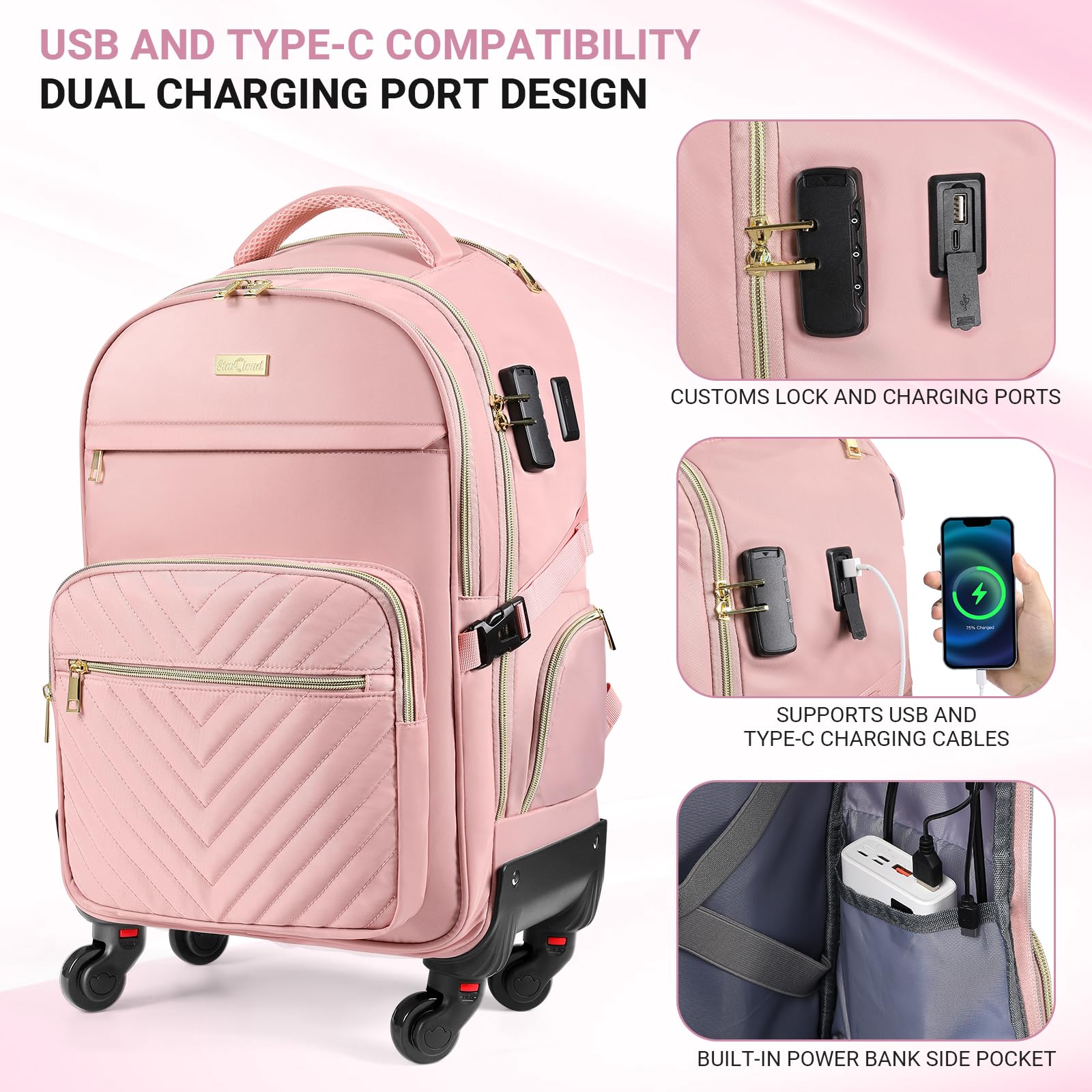 star cloud Rollrucksack für Damen, 53,3 x 35,6 x 22,9 cm, 45 l, Reiserucksack mit Rollen, Pink, 21*14*9inch, Reiserucksäcke