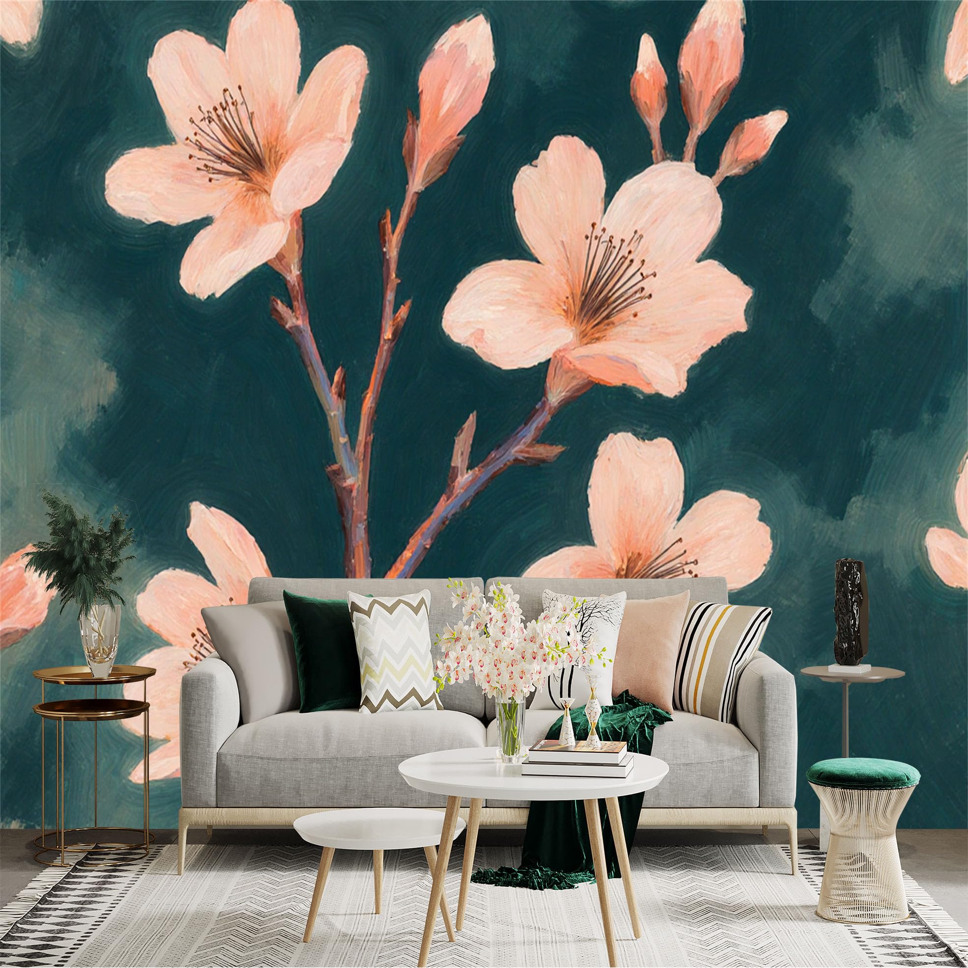 Custom Size Wall Sticker Mural， Pink Spring Blossom， Oil Painting Style Flowers， Elegant Botanical Art， for wall Decoration， peelandstick wall Decals.