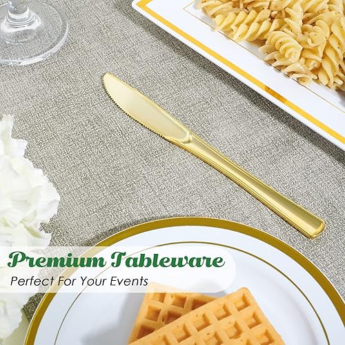 Miniatura 4 de FOCUSLINE Paquete de 300 cuchillos desechables de plástico dorado, cuchillos de plástico sólido y duradero, cubiertos desechables resistentes para