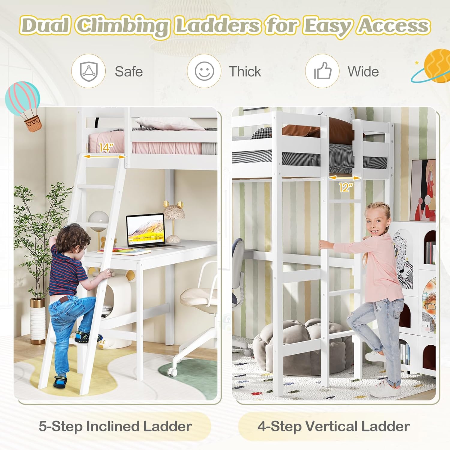 KOMFOTT Twin Loft Bed with Desk, Solid Wood Twin Bed Frame with 2 Ladders, Safety Guardrail for Teenagers, Space-Saving Loft Bed with Wooden Slats Support, No Box Spring Needed (White)