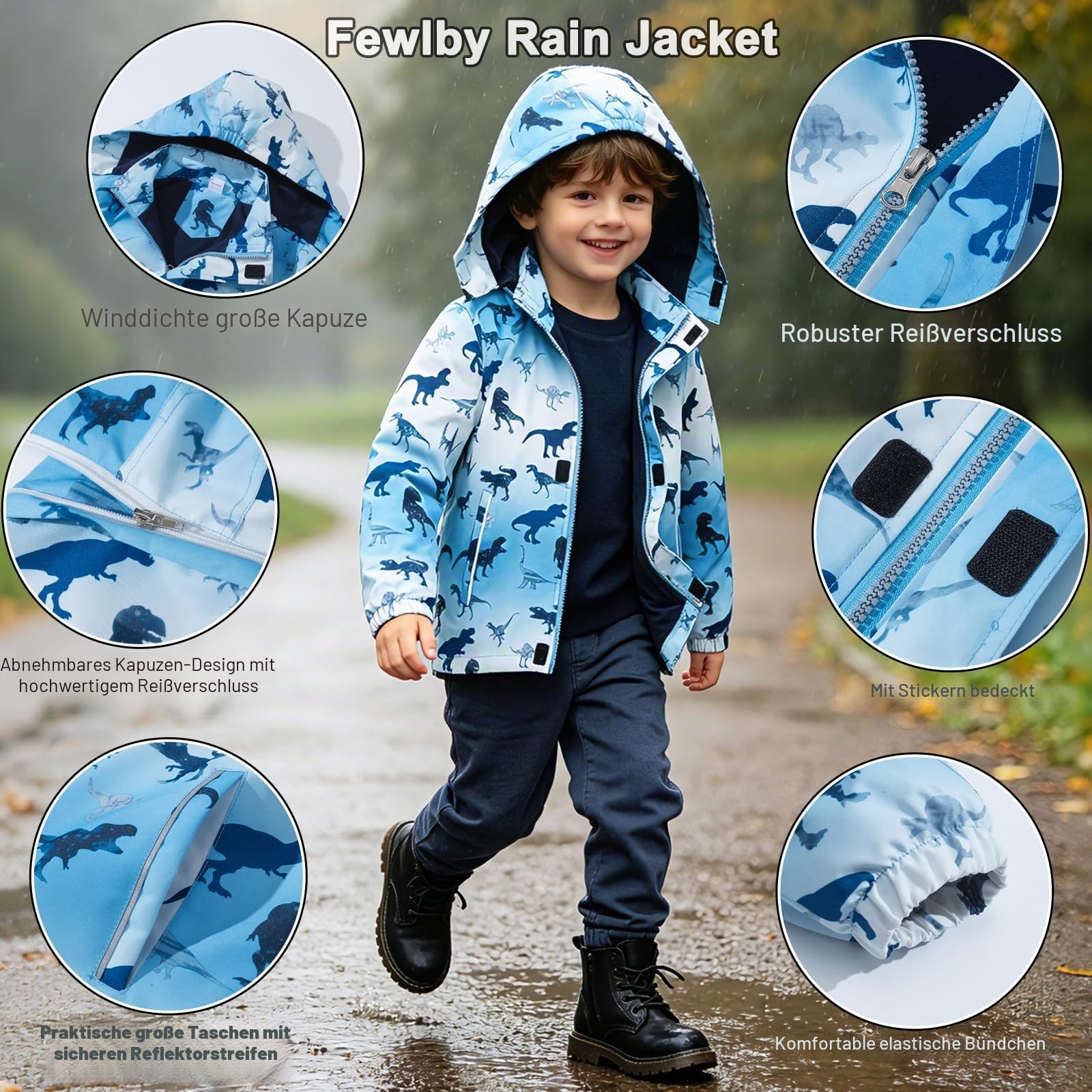 Fewlby Regenjacke Kinder, Kapuzen Outdoor Wasserdichte Jacke Jungen Softshelljacke Kinder Fleecefütterung Übergangsjacke Gefütterte Regenjacke Regenmantel mit Kapuze 9-10 Jahre