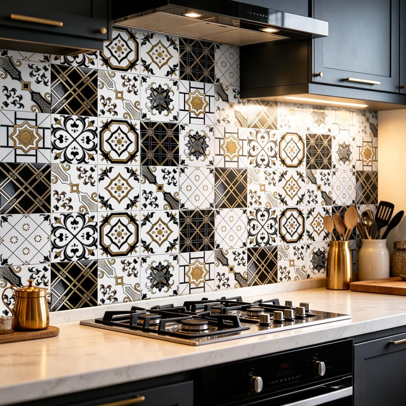 Peel and Stick Wall Tiles Bathroom 15X15CM Black White Self Adhesive Wall Tiles Kitchen Splashbacks,Vinyl Waterproof Oil Proof Home Decor