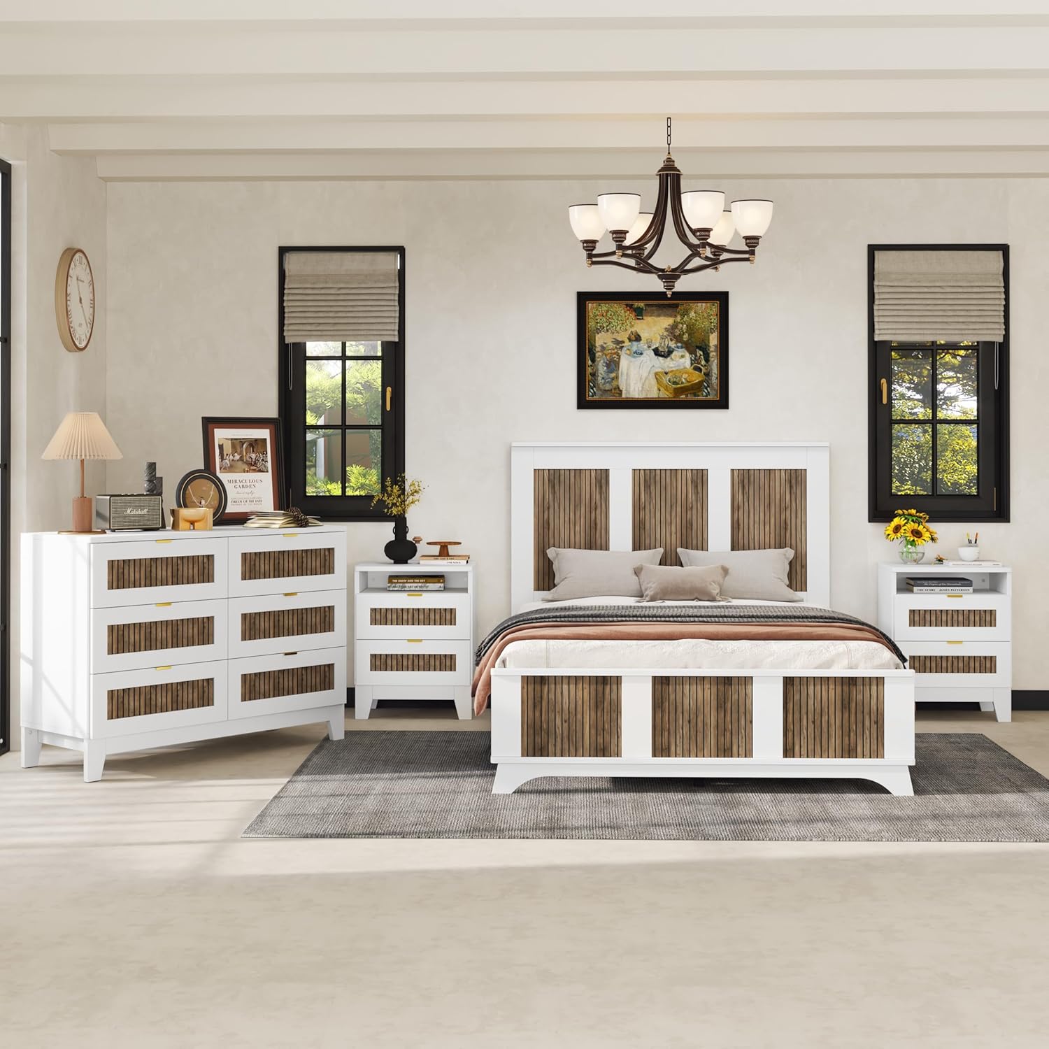 4 Pieces Bedroom Sets Full Size Farmhouse Platform Bed with Wooden Strip Decoration, 2 Storage Nightstands and A 6-Drawer Dresser with Metal Handle for Kids Teens Adults - White