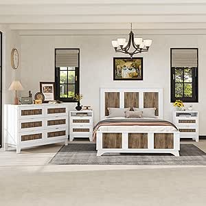 Amazon.com: 4 Pieces Bedroom Sets Full Size Farmhouse Platform Bed with Wooden Strip Decoration ...