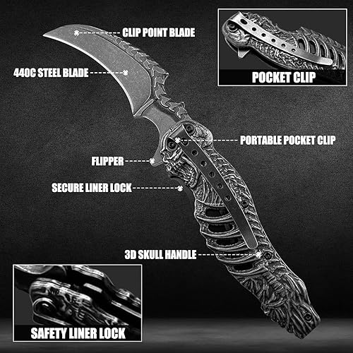 Miniatura 3 de HOLYEDGE Cuchillos plegables de bolsillo de hoja de calavera de 8.4 pulgadas lavados a la piedra con clip de bolsillo, bloqueo de forro y apertura