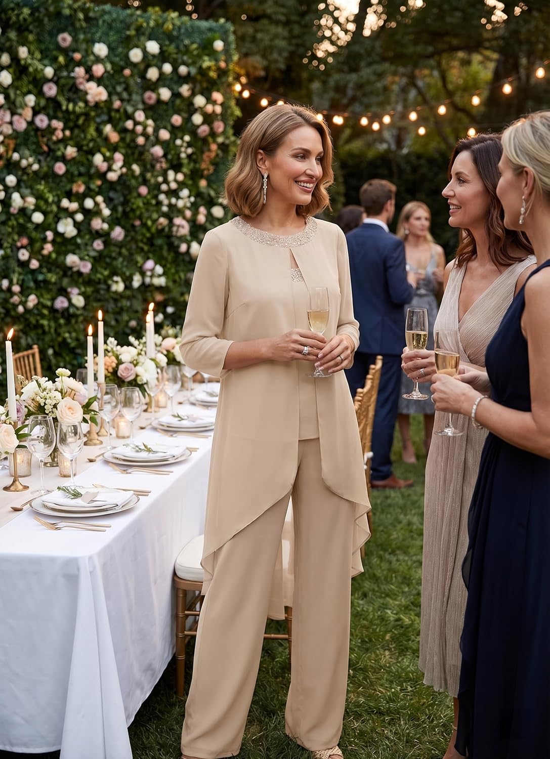 2 Piece Chiffon Mother of The Bride Pant Suits for Women Dressy Sequin Formal Wedding Guest Pantsuit WT036