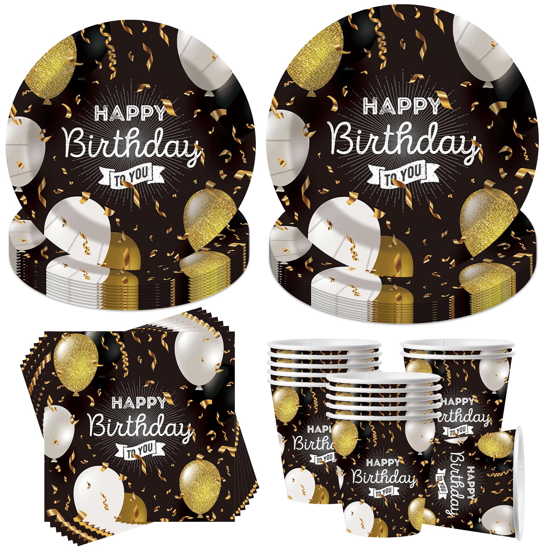 Sunshine smile 50 Stück Pappgeschirr Schwarz Gold,Party Deko Schwarz Gold,Partygeschirr geburtstag,Geburtstag Deko,Mit Teller Becher Servietten,Party Geschirr für 10 Gäste