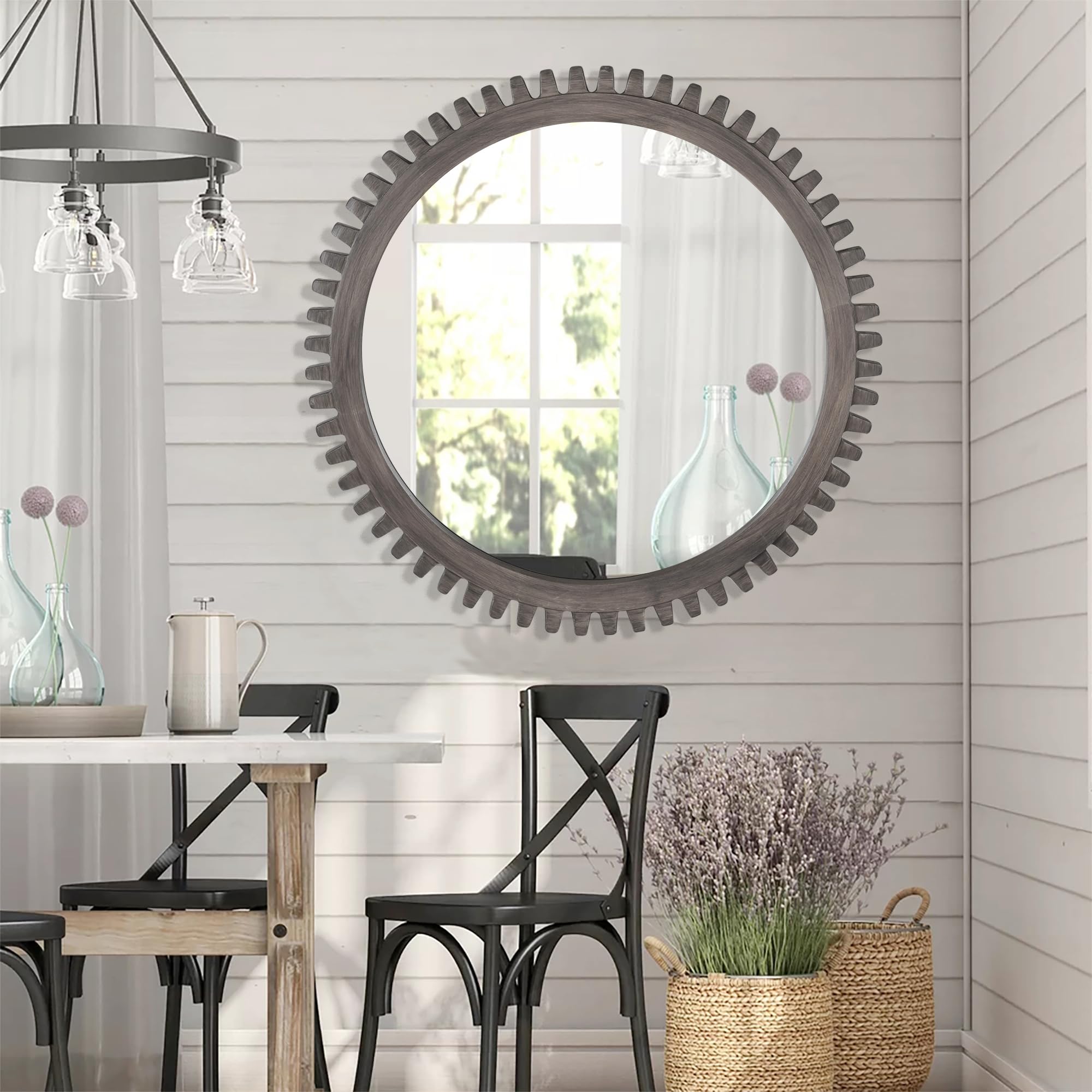 DUQIMO Round Wall Mirror 24 Inch, Decorative Wooden Framed Circle Mirror, Industrial Cog Hanging Mirror for Bathroom Living Room Office or Hallway, Rustic Grey