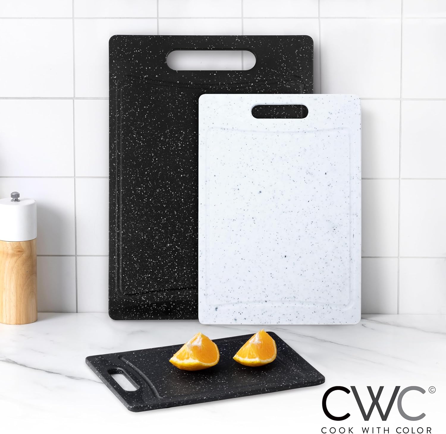 COOK WITH COLOR Non-Slip Cutting Board Set – Kitchen Essentials with Easy Grip Handle for Meat, Veggies, and Fruits, 3 Cutting Boards, Black/White