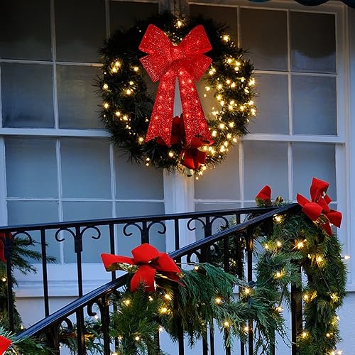 Miniatura 9 de Decoración de árbol de Navidad de 32 pulgadas, 72 luces LED, lazo rojo con purpurina navideña para interiores y exteriores, decoración de corona