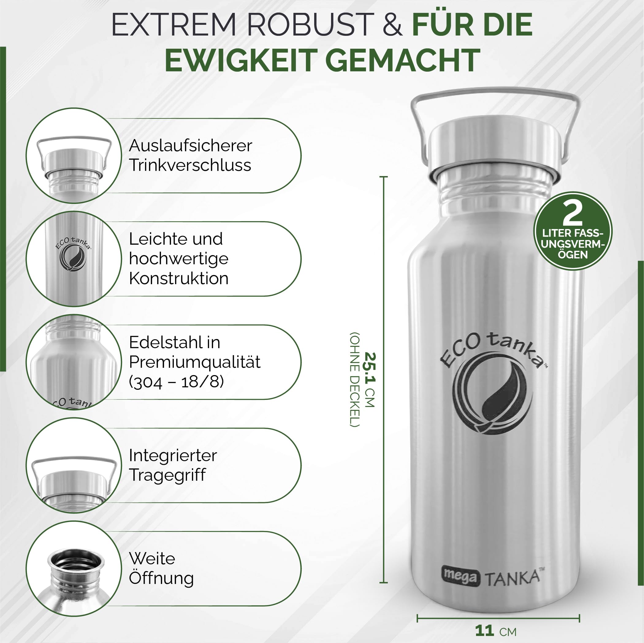 ECOtanka megaTANKA, 2000ml, Bouteille/Gourde en Acier Inoxydable, sans BPA, écologique, Durable, Robuste, très léger