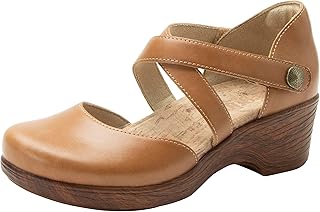 Alegria Womens Savina Leather Wedge - Stylish and Versatile Mary Jane for Endless Support - Enhanced Arch Slip Resistant Platform Ankle Cross Strap Heel for Professionals