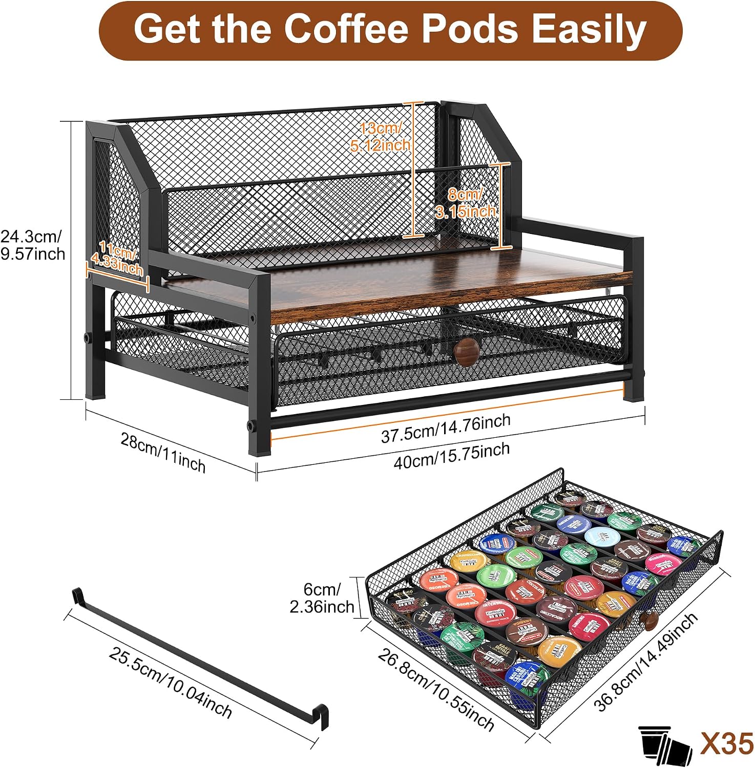 Coffee Bar Station Organizer with Pod Holder and Drawer, 3 Tier Coffee Syrup Shelf for Countertop with K Cup Holder, Cafe Bar Accessories with for Kitchen, Home, Office - Black & Antique