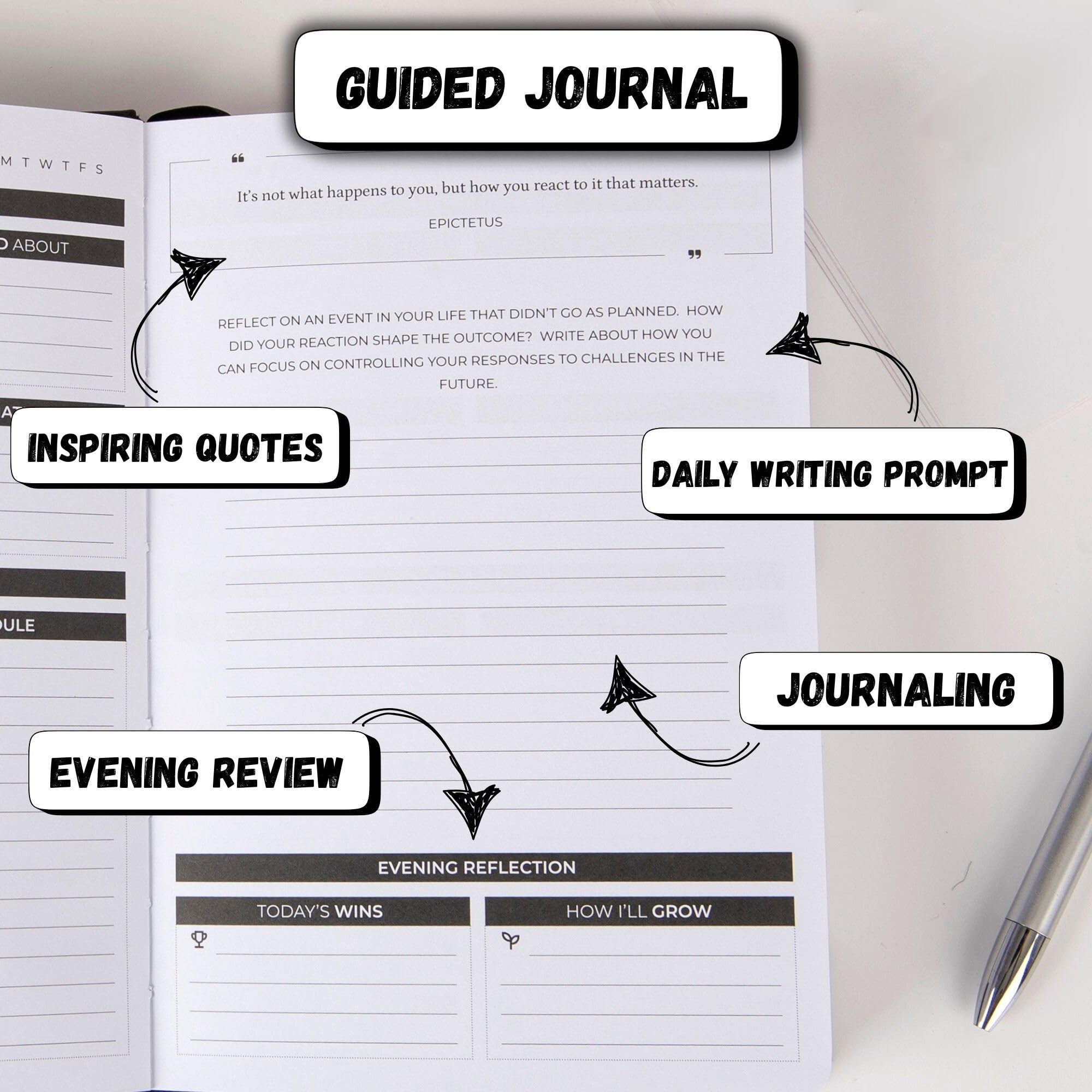 The Stoic Planner & Journal, planer dzienny 2 w 1 i dziennik z inspirującymi wskazówkami do pisania, buduj produktywność i pozytywne nastawienie, 3 miesiące, bez daty, czarny