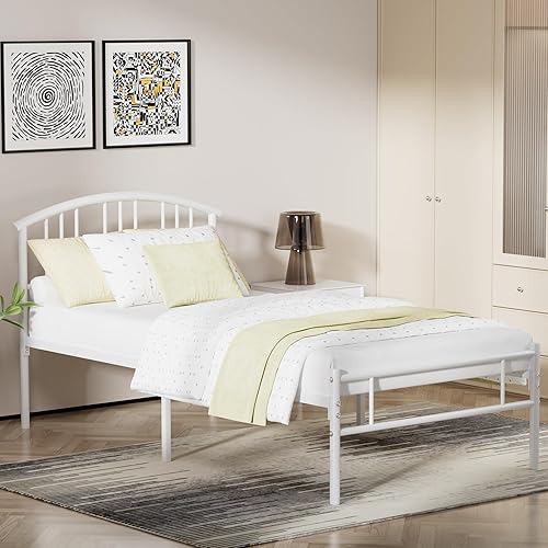 Miniatura 29 de VECELO Base de cama de tamaño individual con cabecera y estribo, base de colchón de plataforma metálica, listones de acero resistente, no necesita