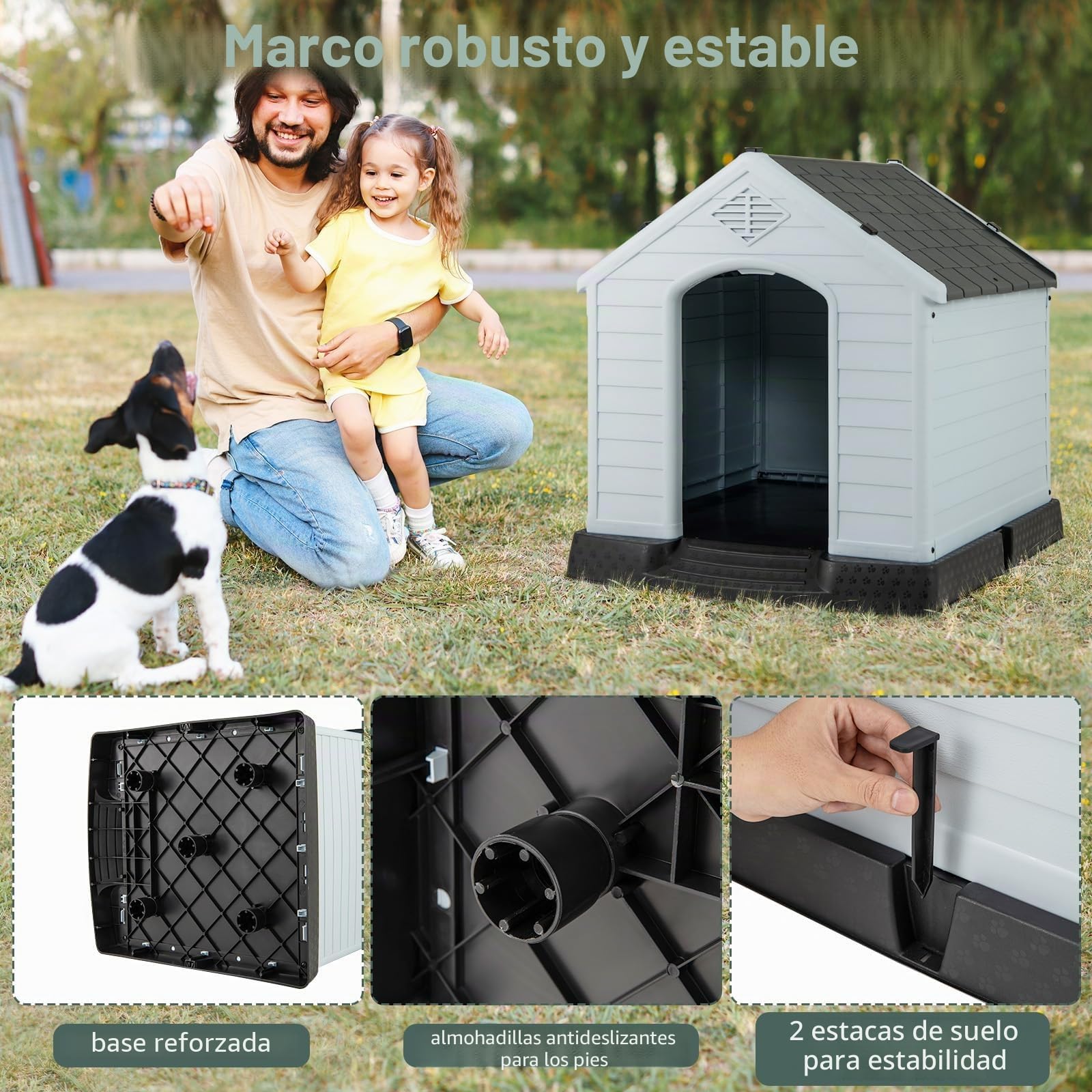 FANTASK Caseta para Perros de plástico para Exteriores, Cueva para Perros con Suelo Elevado y Techo Impermeable, para jardín, Interior y Exterior (70 x 65 x 71,5 cm, Gris)