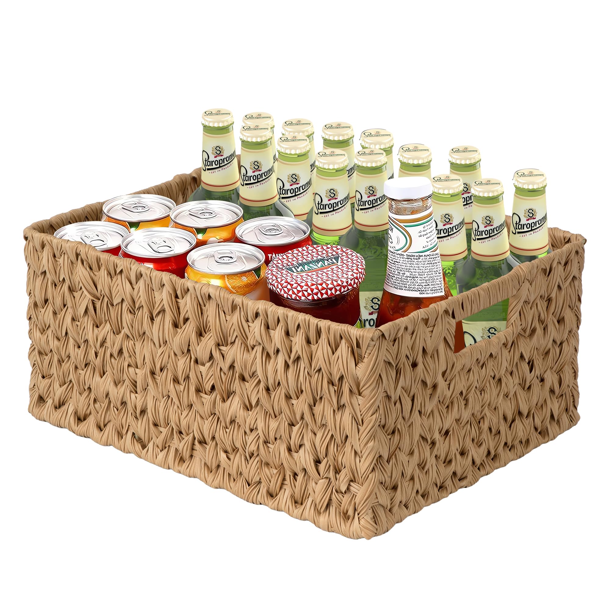 JS HOME Jumbo Wicker Basket for Orgainzing, Rectangular Plastic Storage Laundry Shelf Basket with Built-in Handles, 1 Pack