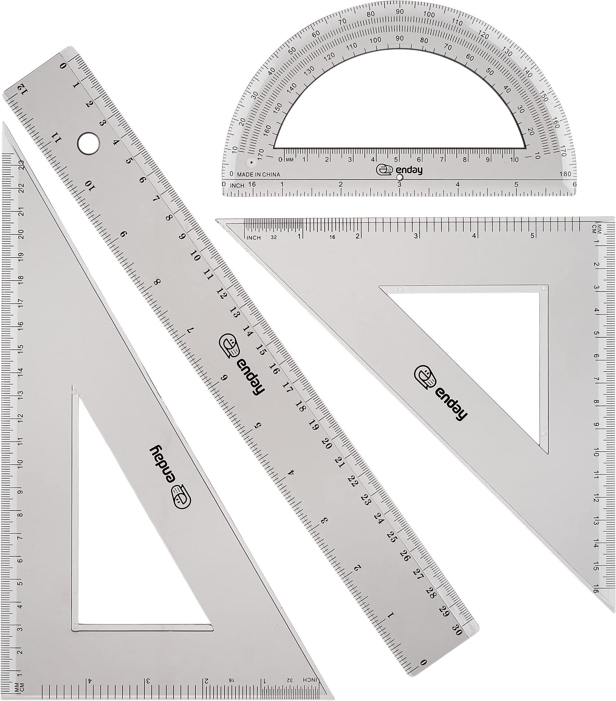 Geometry Plastic Ruler Set, Clear 12 inch/ 30 cm Straight Ruler, Triangle Rulers, Protractor Ruler Tool Set, Transparent School and Office Supplies Math Rulers for Kids and Adults, Set of 4 – By Enday