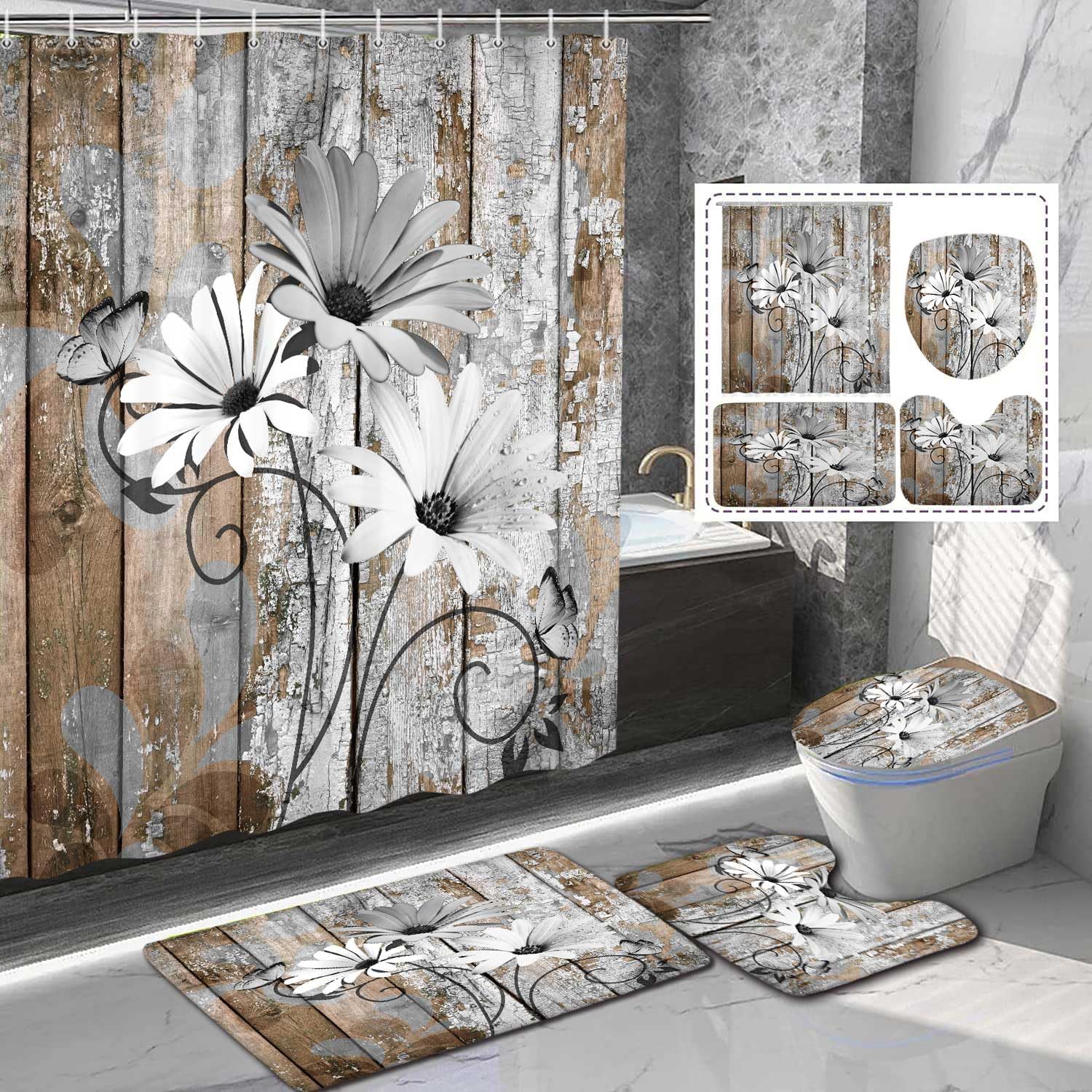 JAWO 4 Piece Grey Daisy Flower on Rustic Wooden Plank Country Style Shower Curtain Sets with Non-Slip Rugs, Toilet Lid Cover and Bath Mat, Shower Curtain with 12 Hooks