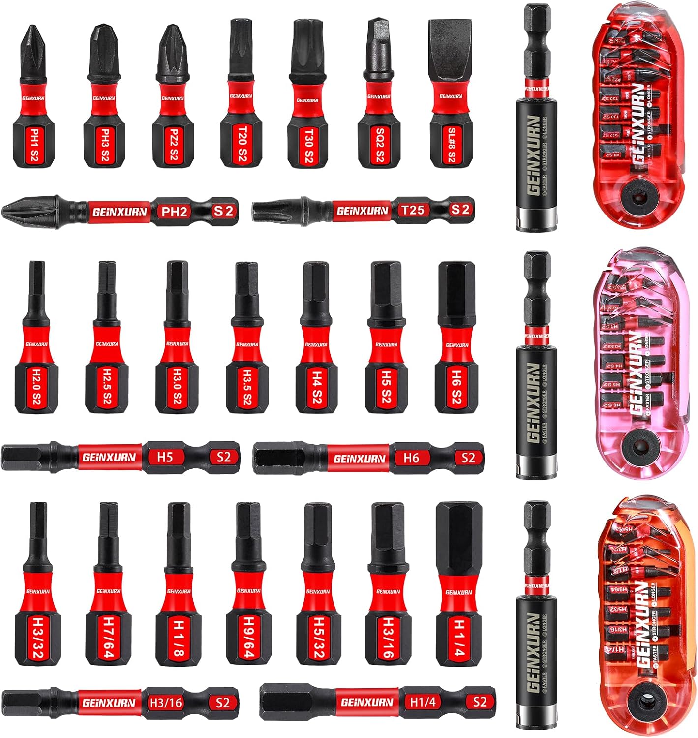 Geinxurn 30 Pcs Impact Screwdriver Bits Set, Magnetic S2 Steel Multi Driver Bits with Storage Rainbow Box (Red,Pink,Orange)