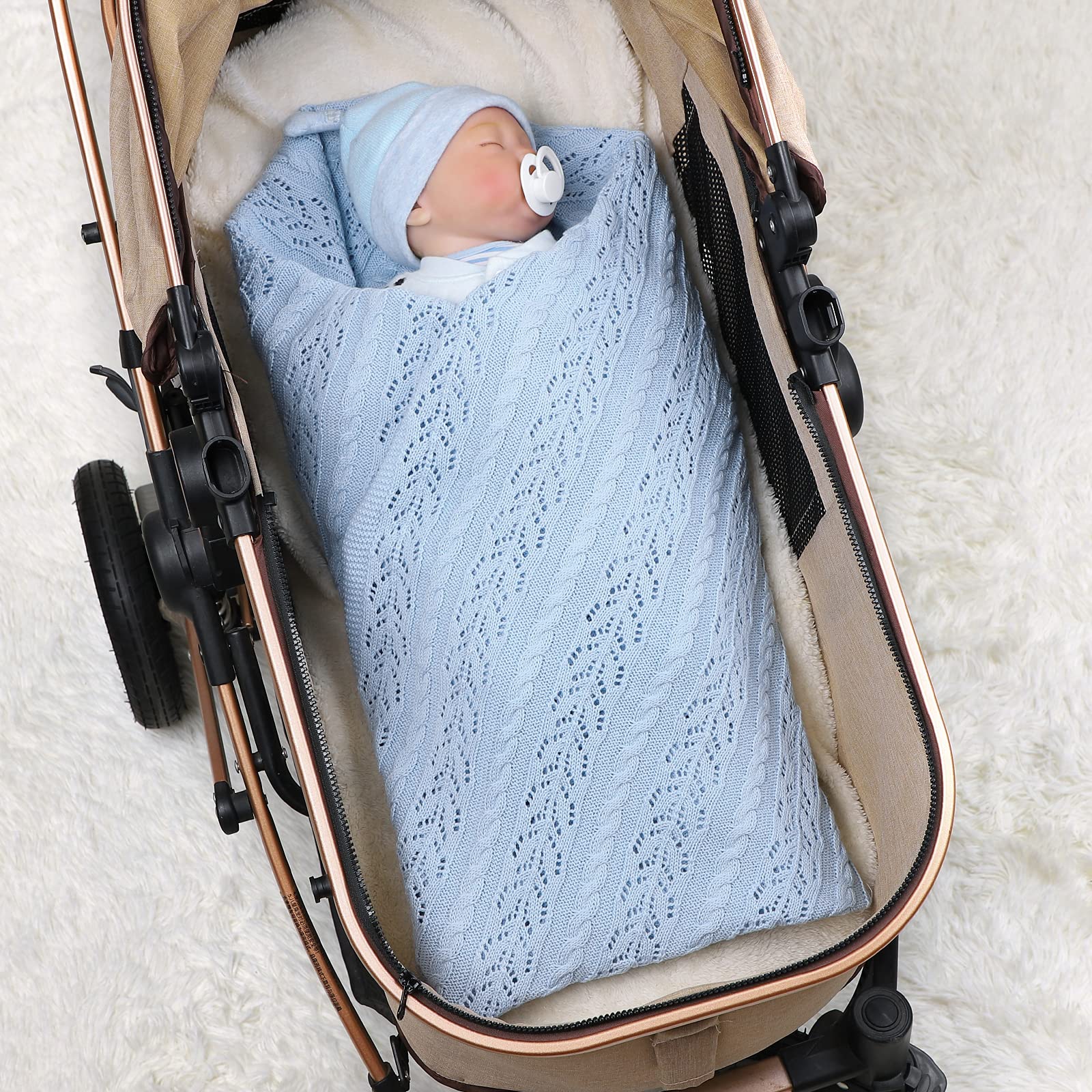 LAWKUL Knitted Baby Blankets Crib Crochet Blanket Toddler Security Blanket Soft Cotton Knit Gender Neutral Baby Blankets Infant Swaddle for Boys and Girls Blue Baby Blanket Size 40X30 Inches