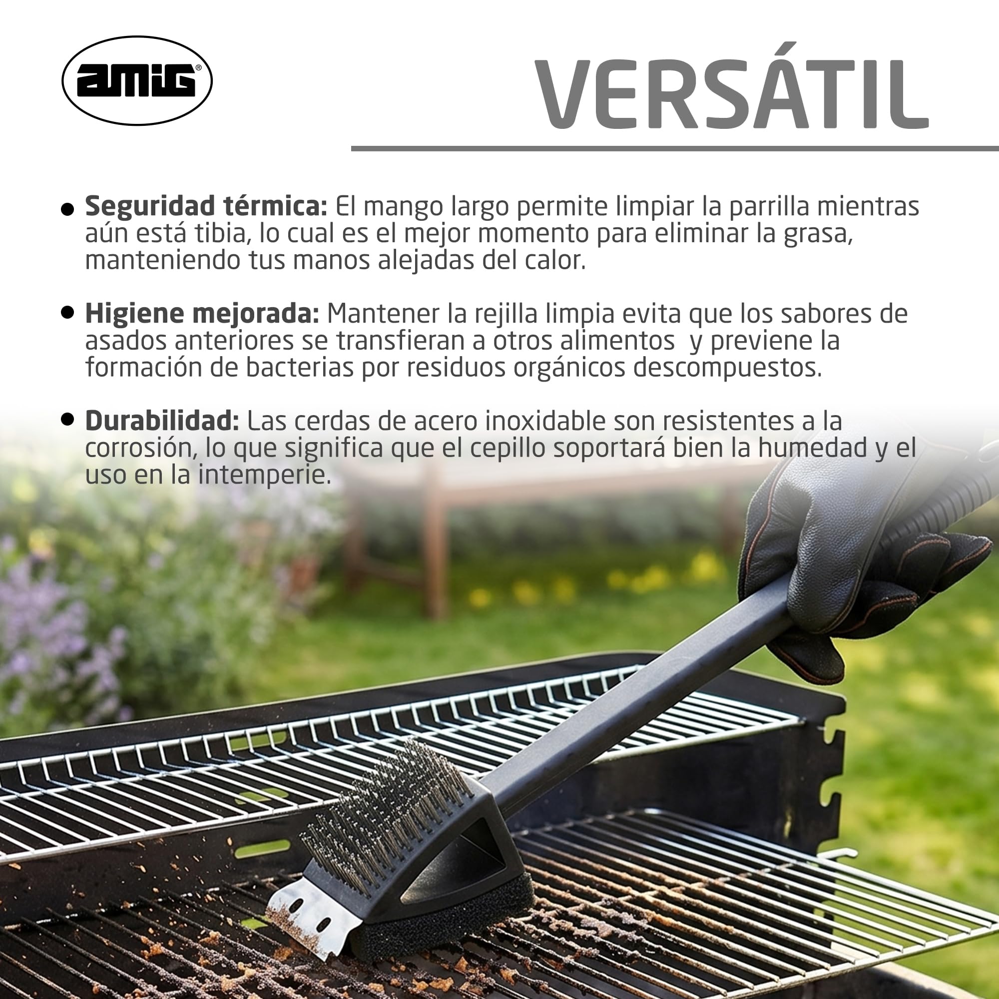 Amig Brosse de Nettoyage Barbecue 3 en 1 AM20 - Acier Inoxydable 201, 37 x 6 cm