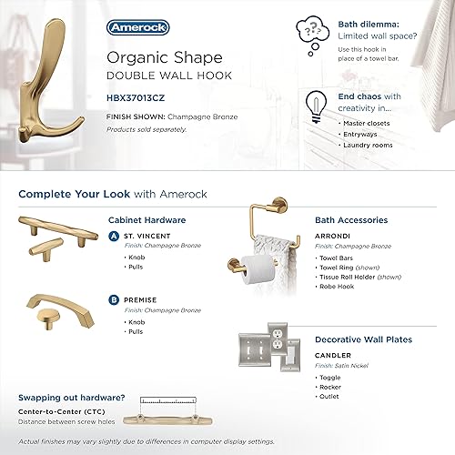 Miniatura 6 de Amerock HBX37013CZ - Gancho decorativo de pared de triple punta, color bronce champán para abrigos, sombreros, mochilas, bolsos, ganchos para baño,