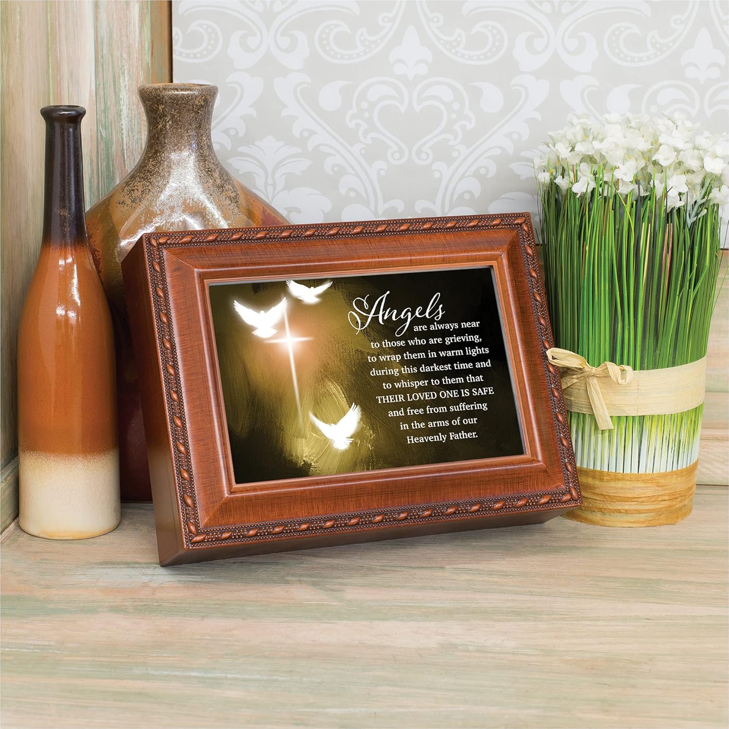 Cottage Garden Angels Near Grieving Woodgrain Rope Trim Music Box Plays Amazing Grace