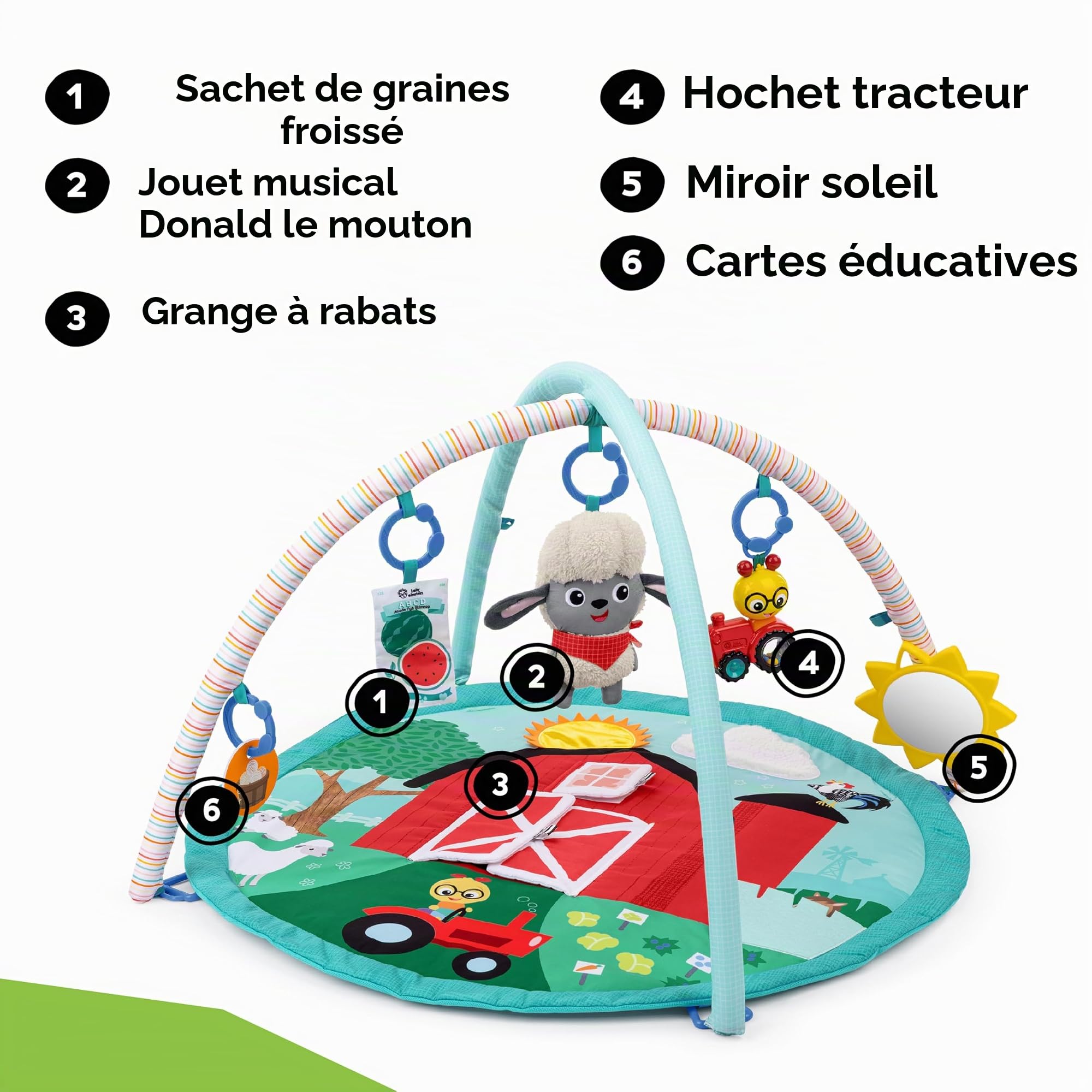 Baby Einstein Tapis d'Éveil Happy Harvest Explorateurs de la Ferme – Avec 5 Jouets Amovibles et +20 Mélodies & Sons, Dès la Naissance