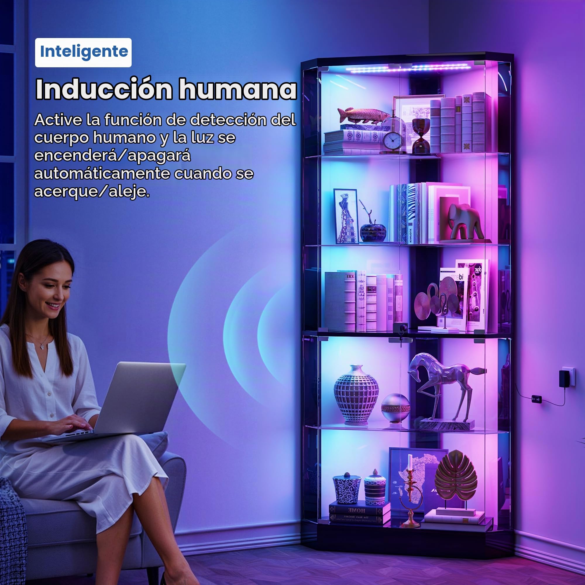 Lvifur Vitrina esquinera de 5 Niveles con Sensor de Presencia y Puertas de Cristal para Dormitorio/Estudio, Vitrina de Cristal de 175 cm con iluminación LED para coleccionistas y Sala de Estar,Negro