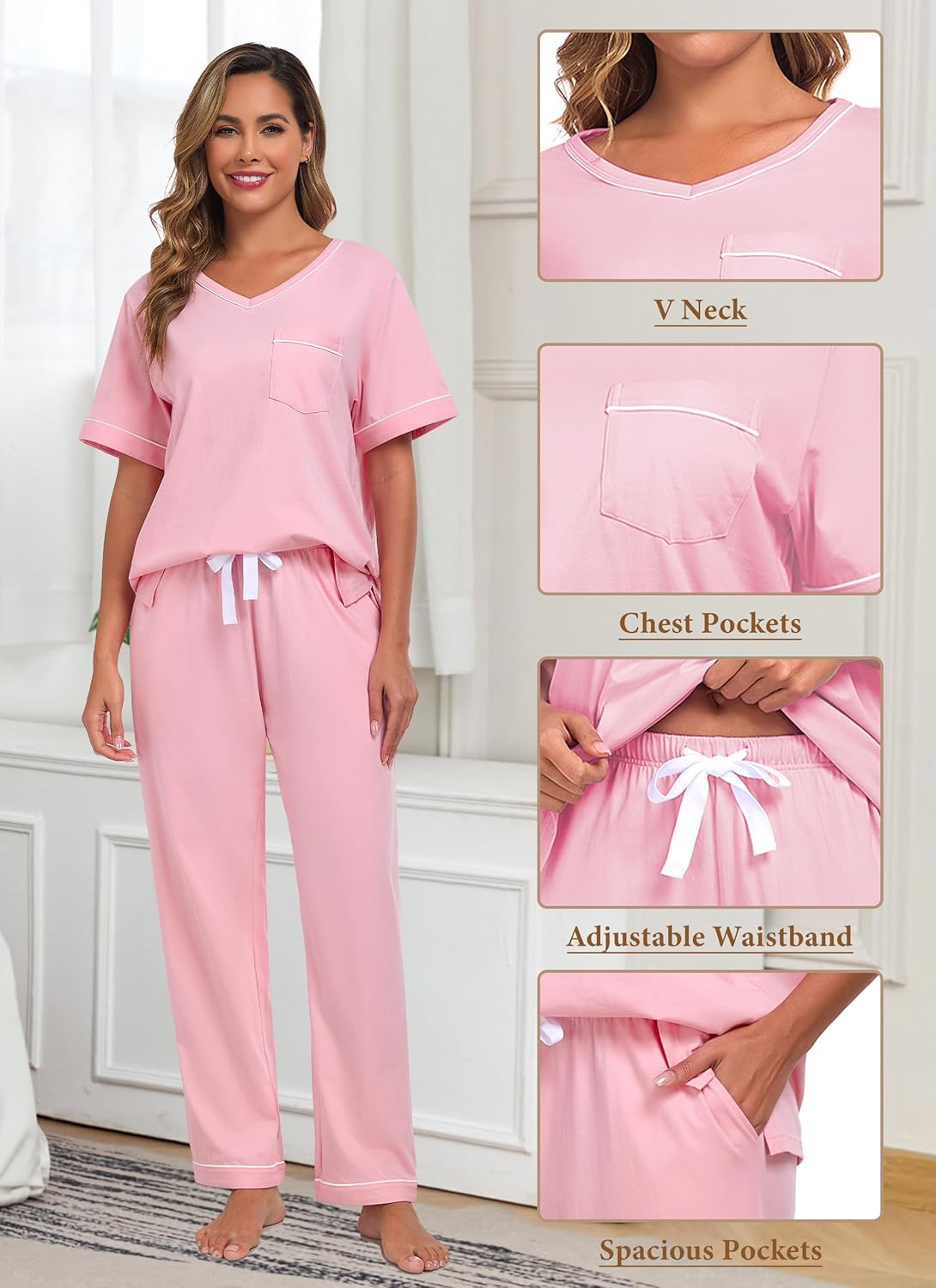 EA'S SECRET 100% Cotton Pajamas for Women Set V Neck Loungewear Pajama Pants Womens Lounge Sets Pjs Sleepwear with Pockets - Image 3