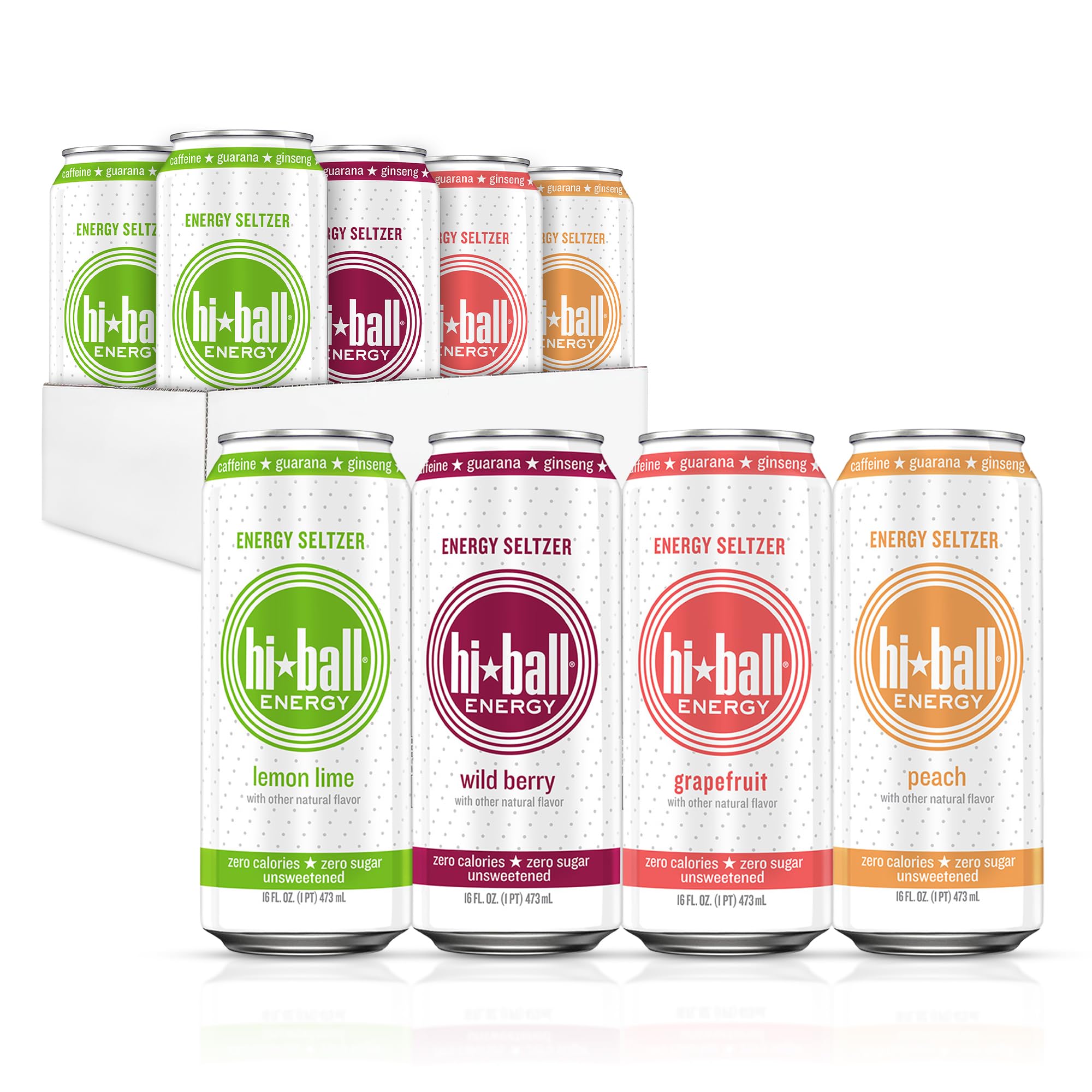 Hiball Clean Energy Seltzer Water, Caffeinated Sparkling Water Made with Vitamin B12 and Vitamin B6, Sugar Free (8 pack of 16 Fl Oz), Variety Pack