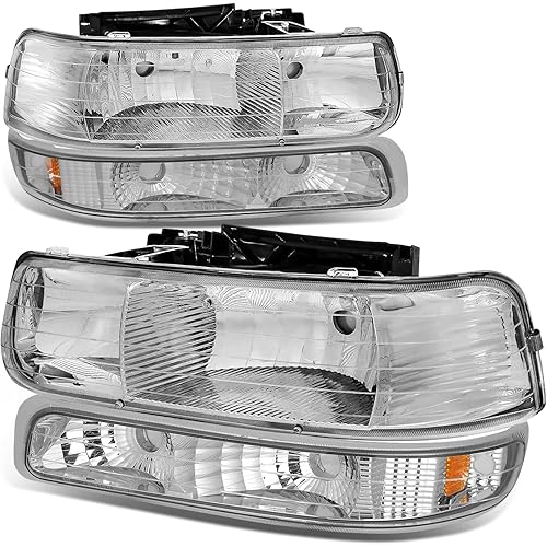 Auto Dynasty Headlights Assembly Compatible with 1999-2006 Chevy Silverado Suburban Tahoe 1500 2500 HD 3500, 4Pcs Halogen Headlamps Replacement w/Bumper Lamps, Chrome Housing Amber Corner