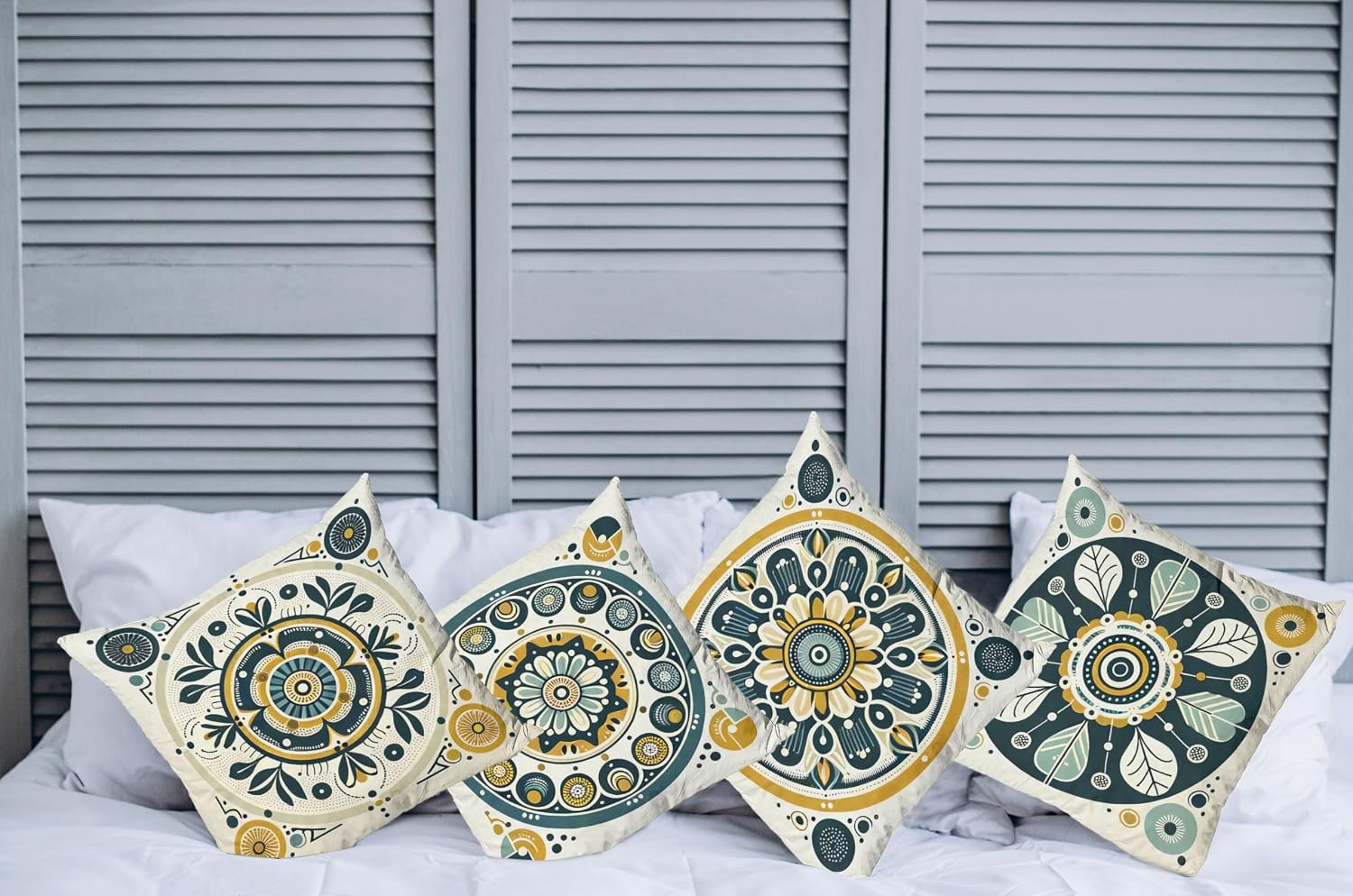 Ambesonne Mandala Throw Pillow Cushion Cover Set of 4, Mosaic Style Flowery Details Circles Bohemian Folk Style Print, Decorative Accent Double-Sided Printing, 18", Dark Mustard and Dark Teal