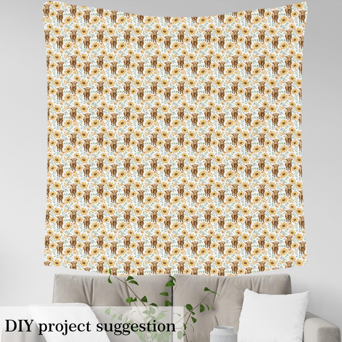 Homemissing Highland Cow Fabric by The Yard 1 Yard (L92*W150cm) Sunflower Floral Decorative Waterproof Fabric Highland Cattle Farmhouse Animal Western DIY Decor - Image 3