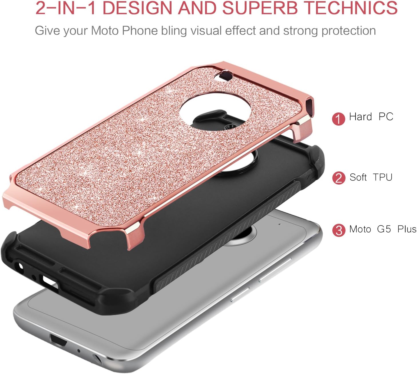 Moto G5 Plus Case,Moto G Plus (5th Generation) Case, BENTOBEN Glitter Faux Leather 2 in 1 Slim Hard Laminated with Luxury Shiny Chrome Shockproof Protective Case for Motorola Moto G5 Plus,Rose Gold
