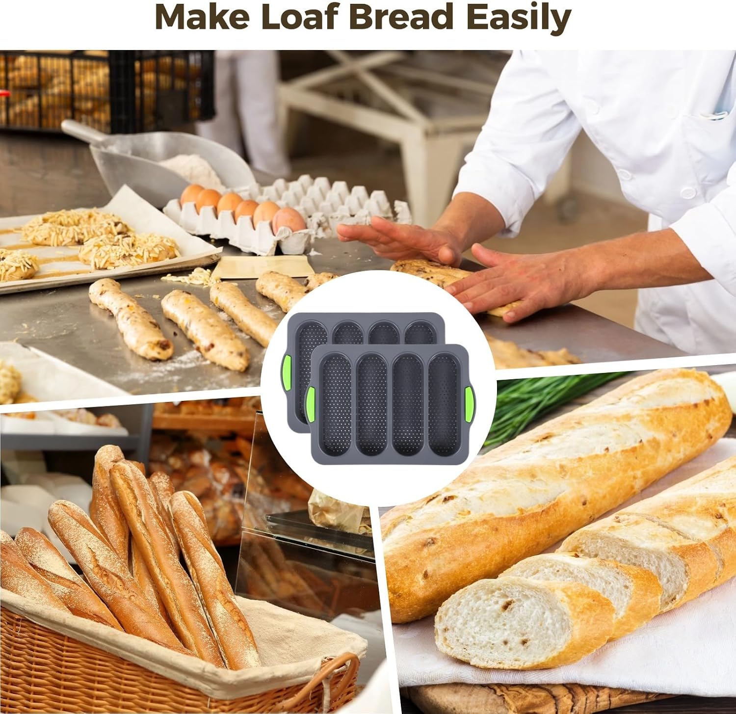 Silicone Bread Molds, 2-Piece Set, Non-Slip Green Handles, 4-Slot Loaf Pan, 13.2 X 9.3 Inches, Heat-Resistant, Dishwasher Safe