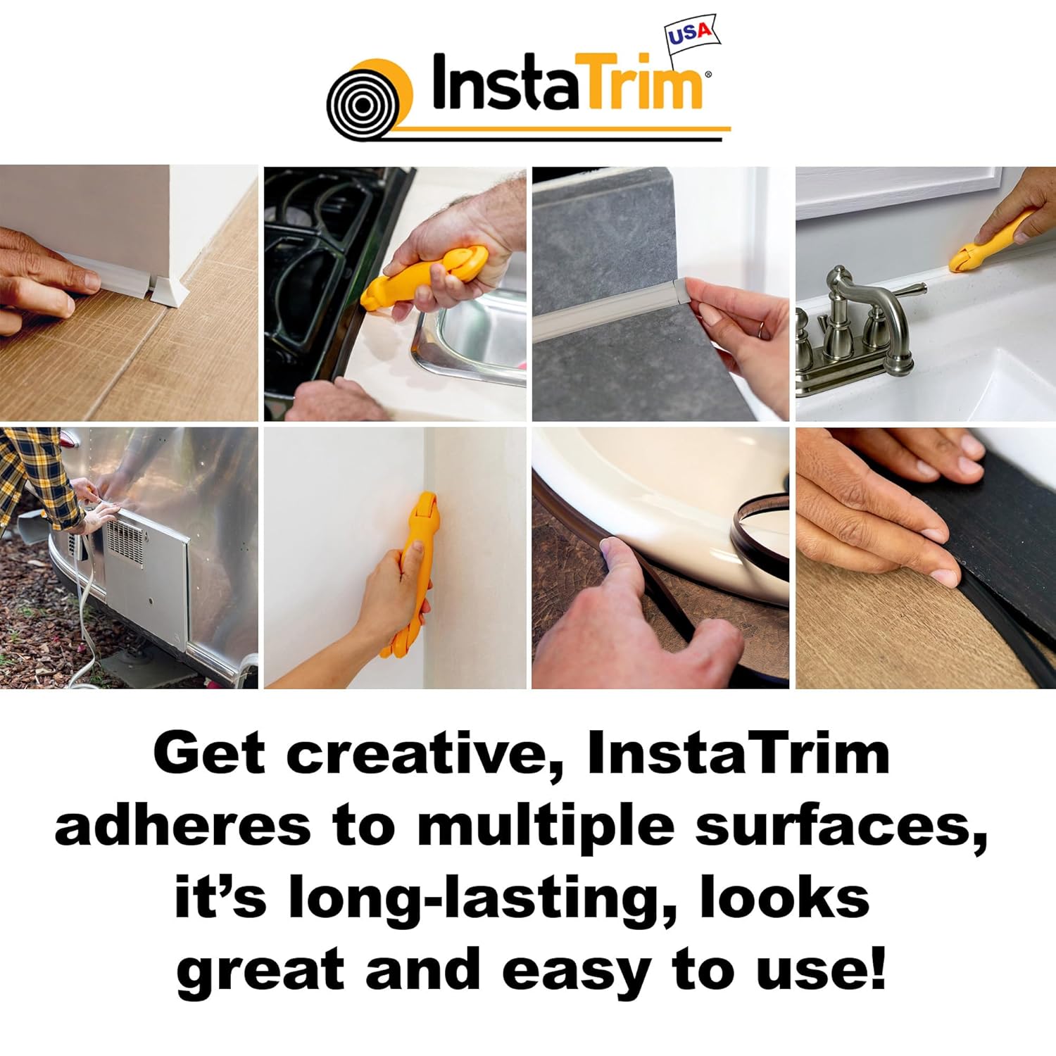 InstaTrim The Original Flexible Trim - 50ft White 3/4" Wide Caulk Tape - Adhesive Trim with Many Uses Including Caulking for Bathtubs, Sinks, Counters, Tile, Floors - Made in USA