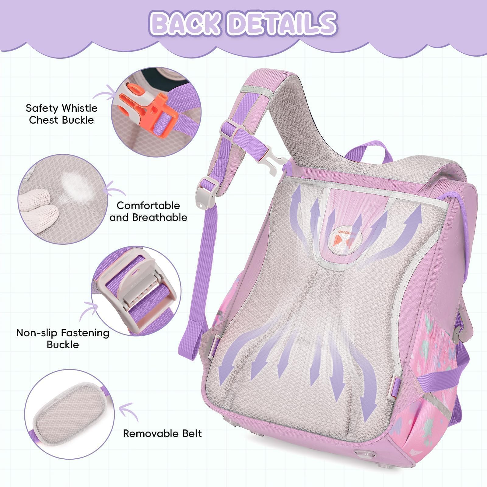 Amythe Set 4-teilig Schulranzen Mädchen Ergonomischer, Schulrucksack Mädchen der ab 1. Klasse, Rucksack Kinder mit Brustgurt, Reflektoren, Abnehmbarer Gürtel, Schmetterlingsmotiv