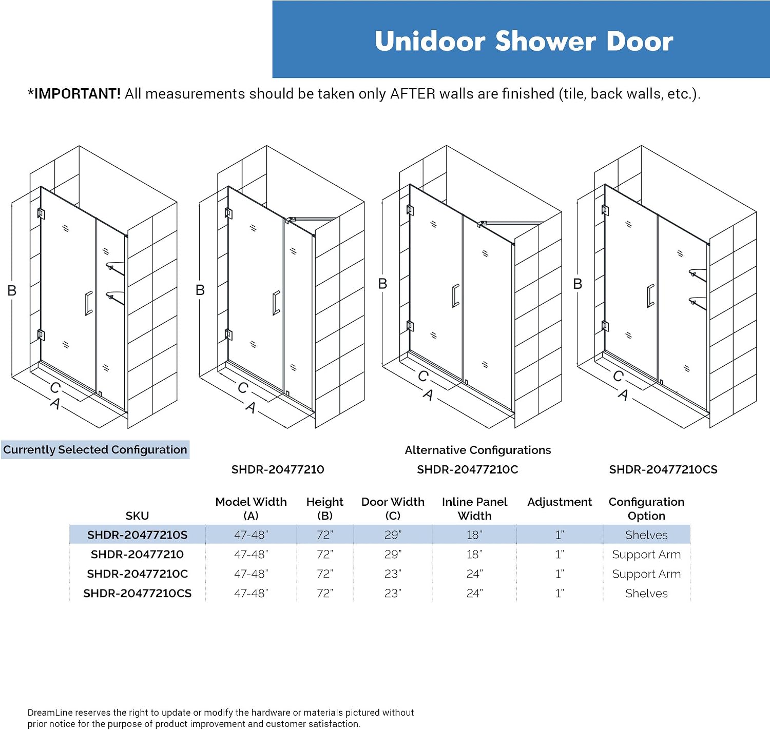 DreamLine Unidoor 47-48 in. W x 72 in. H Frameless Hinged Shower Door with Shelves in Brushed Nickel, SHDR-20477210S-04