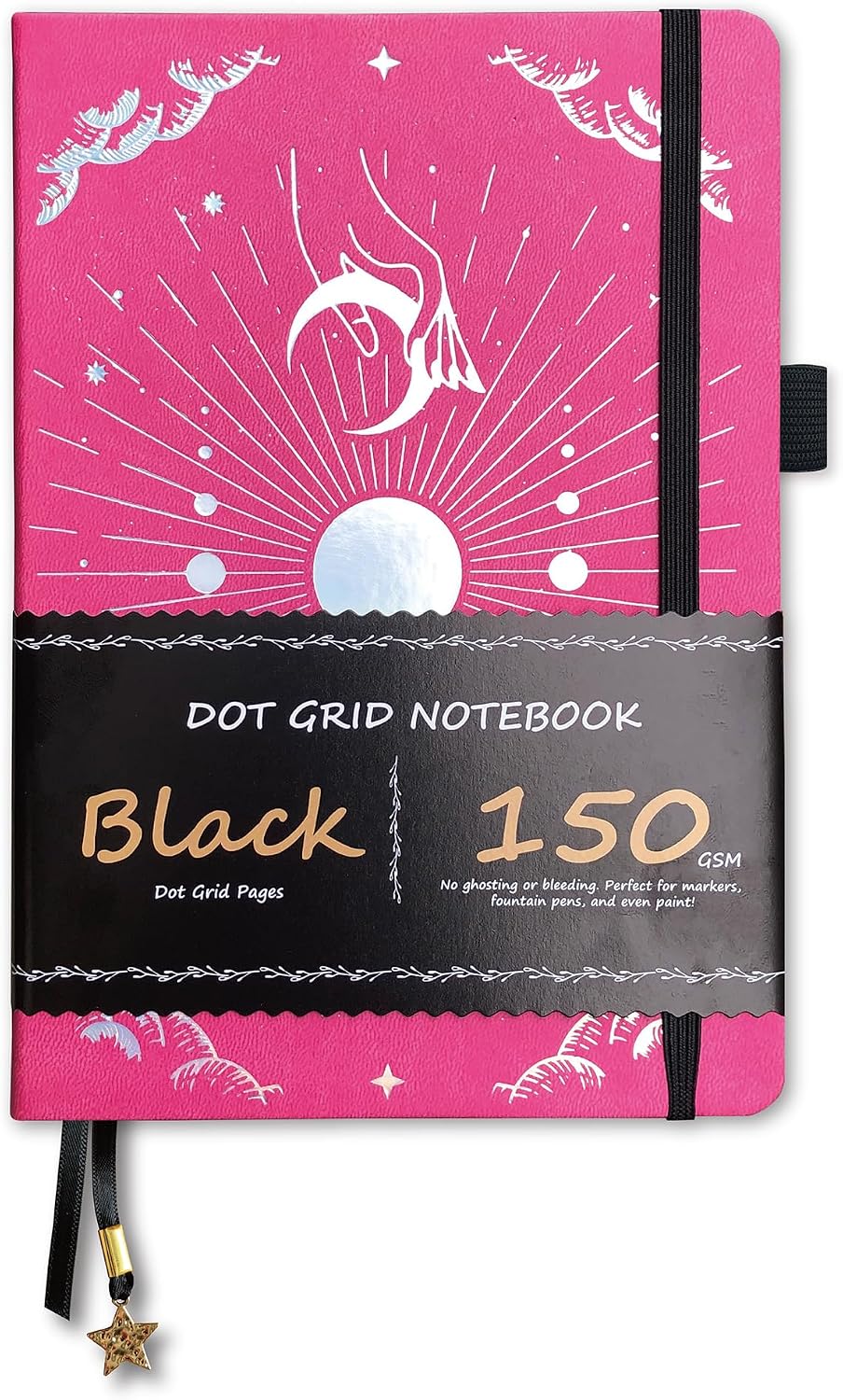 BUKE Dotted Journal - 150gsm Black Paper - 5 * 5mm DOT GRID Layout 160 Pages - A5 Size PU Leather Hardcover Drawing Sketch Notebook (Rose Red)