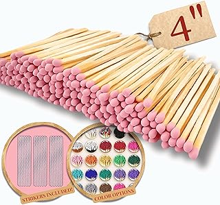 4" Long Pink Color Matches (100 Count) | Colorful Loose 4 Inch Wooden Safety Match Sticks for Candle Display | Refill for Matchstick Jars, Holders & Bottles | Striker Included