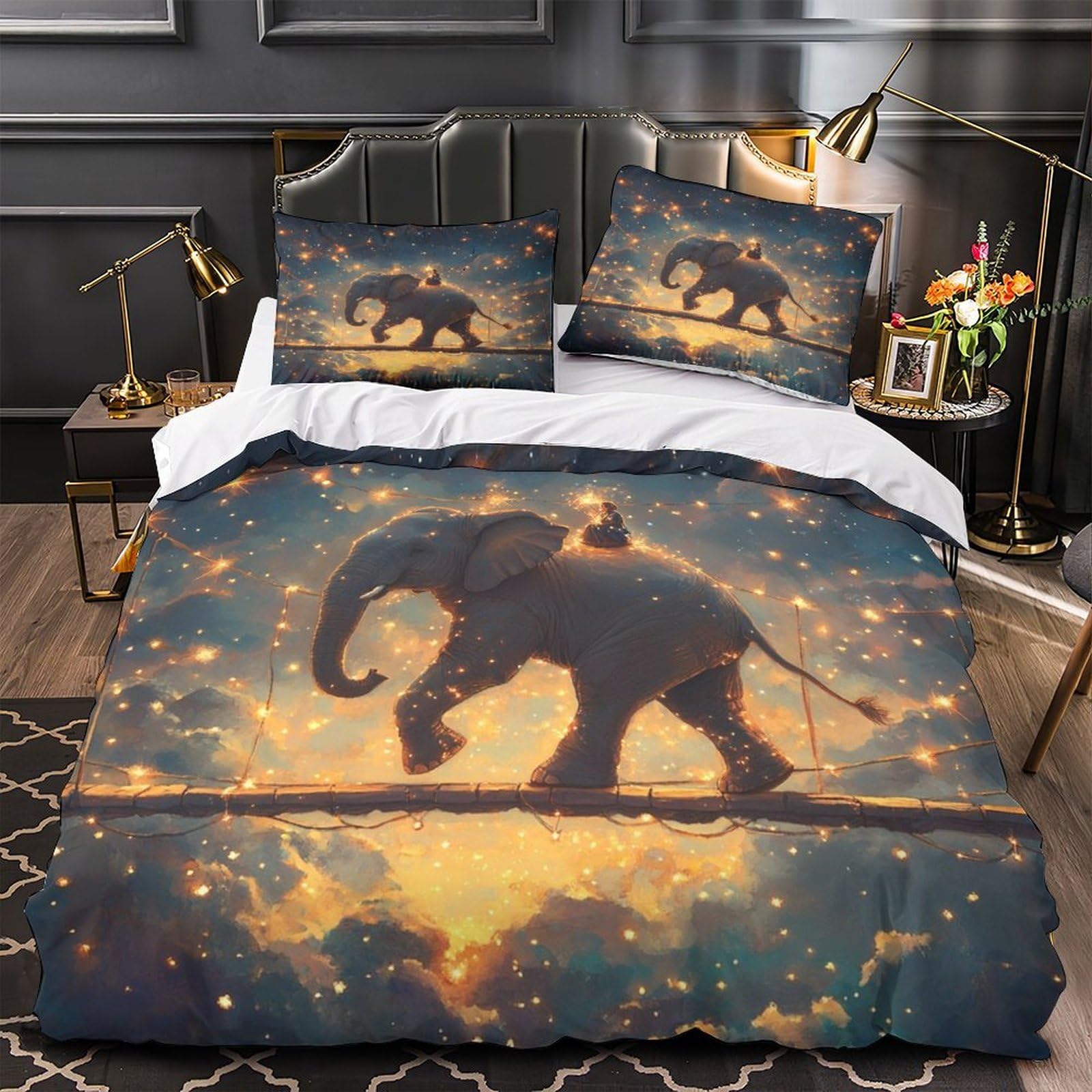 Housse de couette scène nocturne fantastique et éléphant 3D pour chambre d'ado moderne