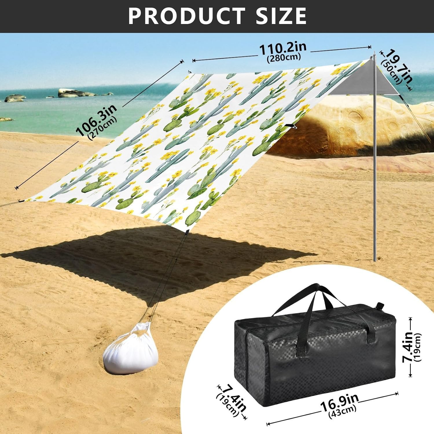 ALAZA Watercolor Cactus Cacti Beach Tent Sun Shelter UPF50+ Protection Beach Shade Canopy w/ 4 Sandbags for Outdoor Camping, Fishing, Backyard Fun, Picnic, 10x9 ft